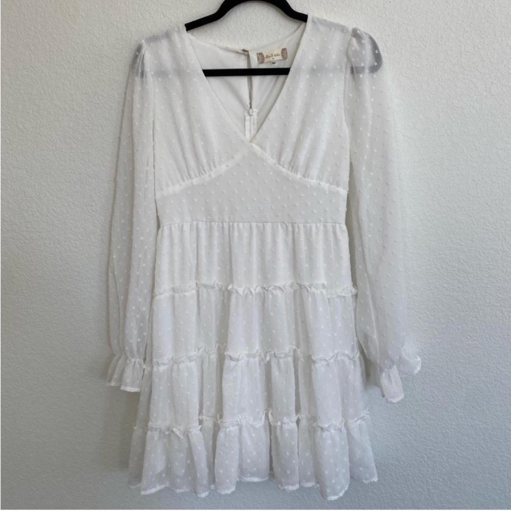 NWT Altar’d State white clip Swiss dot ruffled long sleeve v neck dress size L